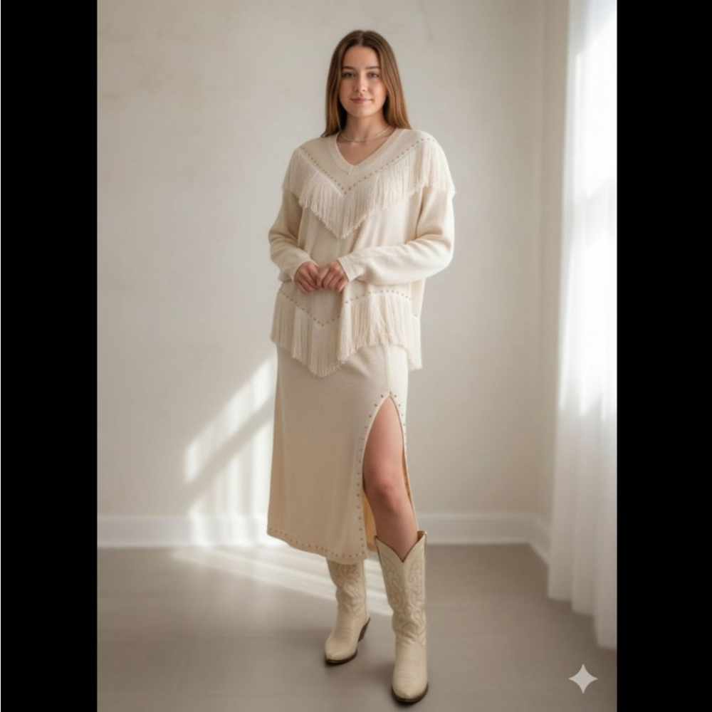 Women's Coastal Cowgirl Cream Fringe 2-piece Knit Sweater Set Western Boho - Picture 2 of 13